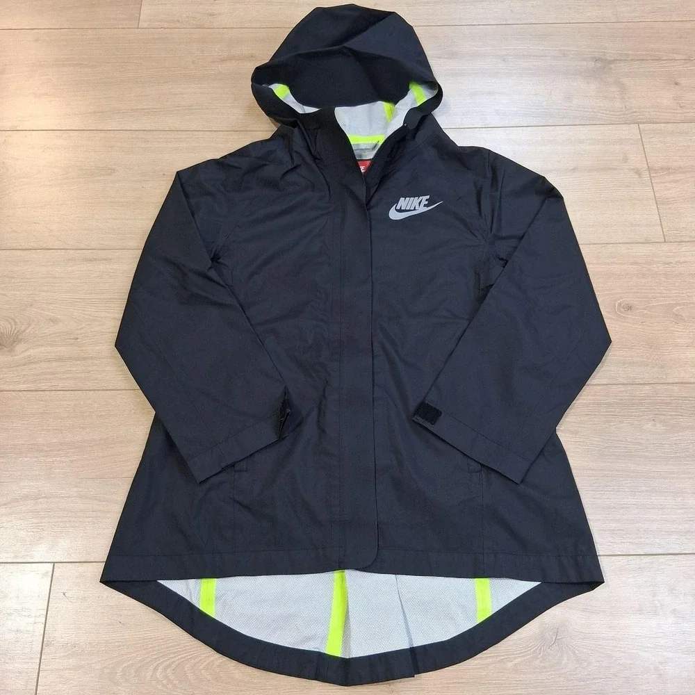 Nike Jacket Kids Small Black Hooded Windbreaker Long Running Rain Coat